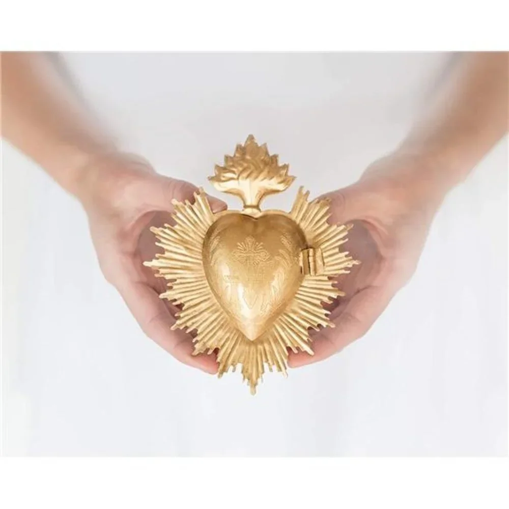 Sacred Heart, Metal Heart Milagro, Gold Heart Box, Ornament